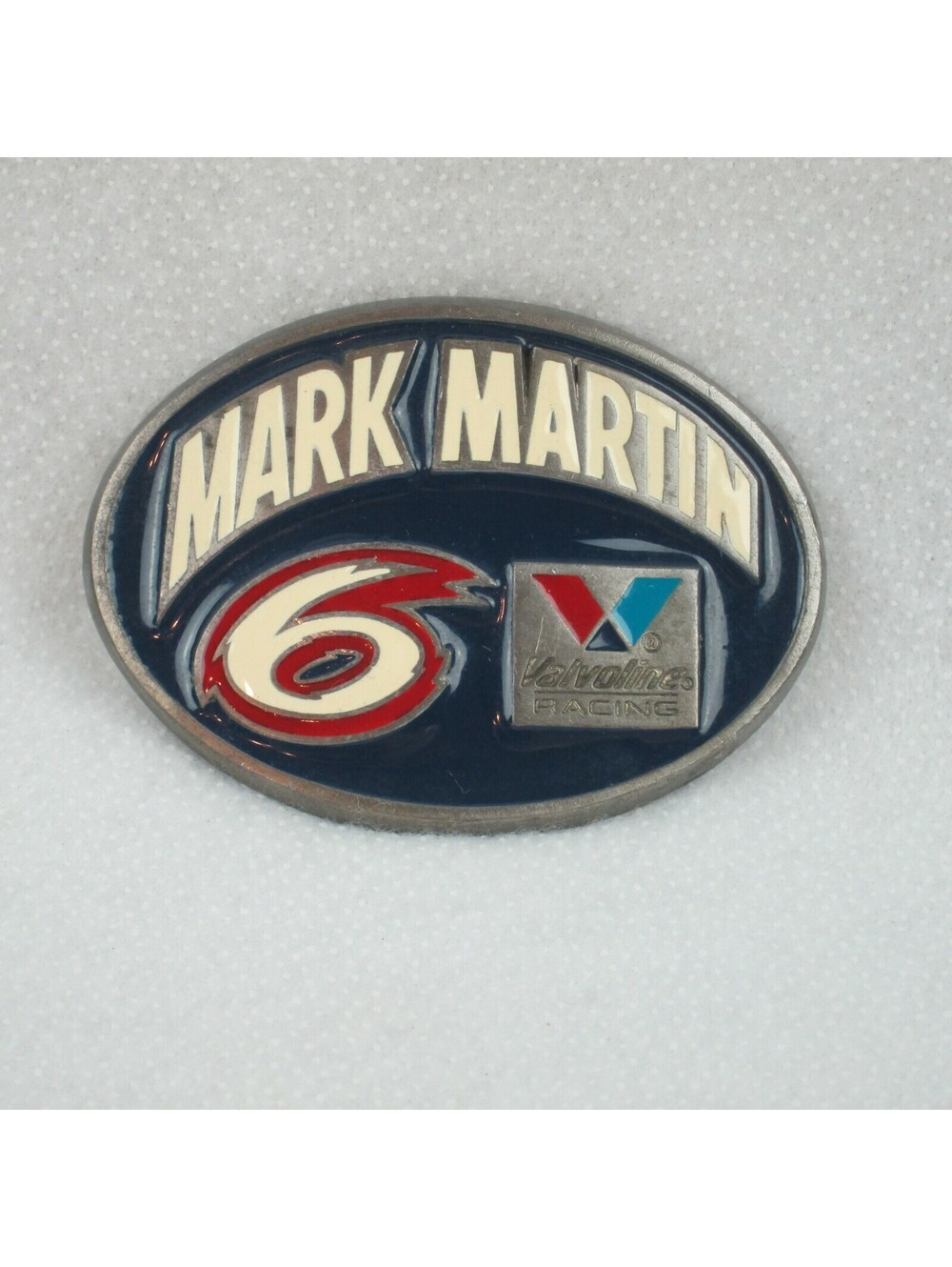 Vintage 1980s NASCAR Racing Metal Belt Buckle Mark Martin #6 Valvoline USA RARE!